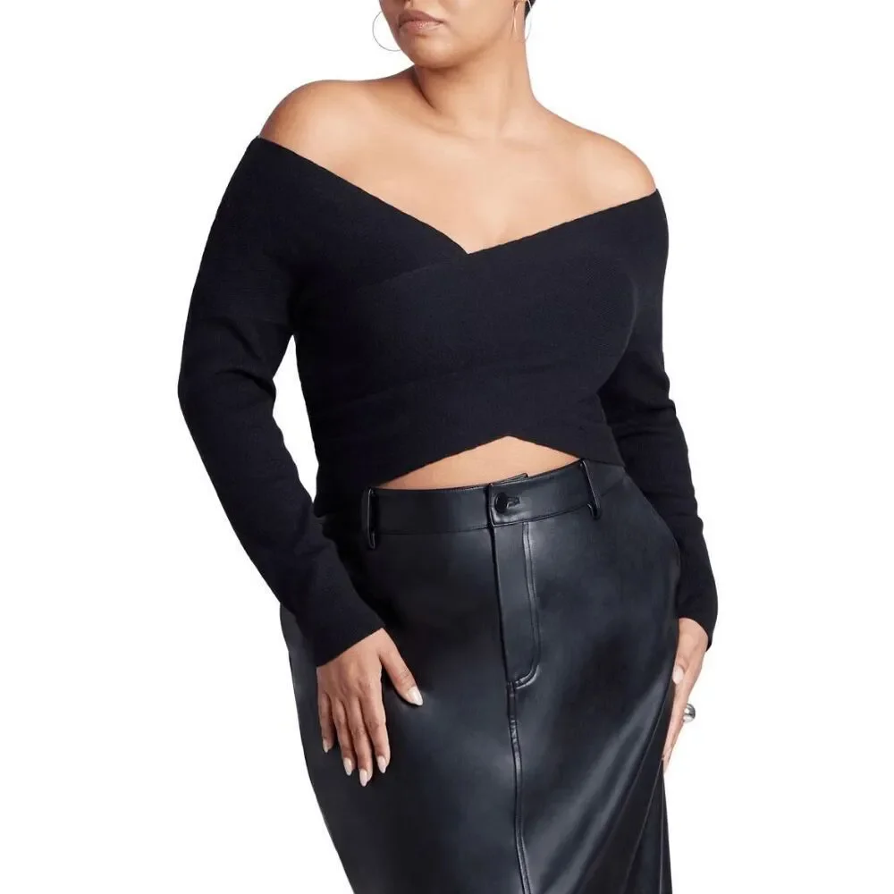 ELOQUII Wrap Front Cropped Sweater - 26/28, Black